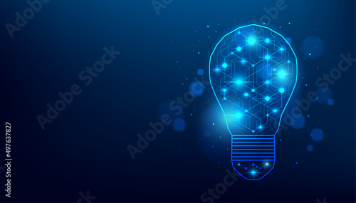 Blue glowing light bulb of an artificial intelligence with line dots on dark blue color background. Digital technology creative ideas concept.