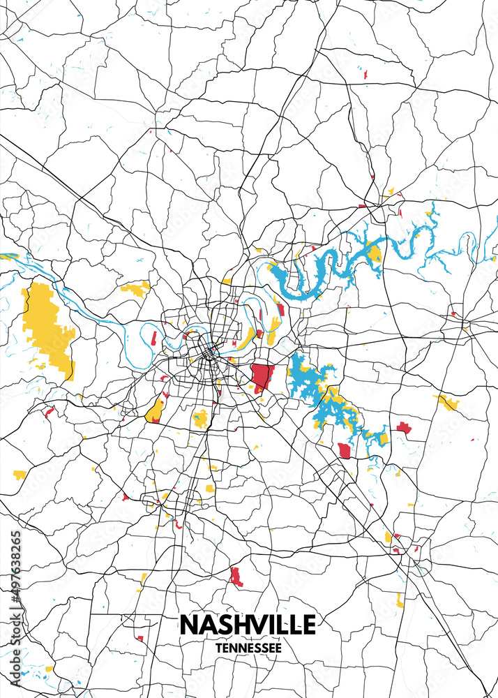 Poster Nashville - Tennessee map. Road map. Illustration of Nashville - Tennessee streets. Transportation network. Printable poster format.
