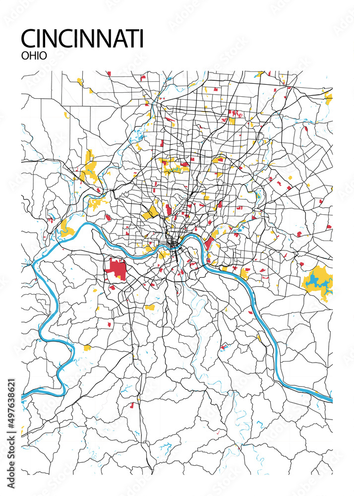Poster Cincinnati Ohio map. Road map. Illustration of Cincinnati