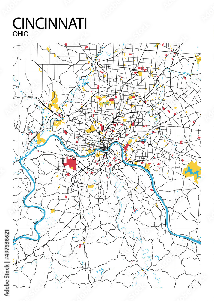 Poster Cincinnati - Ohio map. Road map. Illustration of Cincinnati - Ohio streets. Transportation network. Printable poster format.