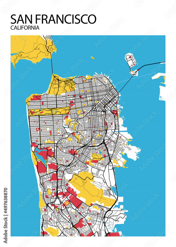 Poster San Francisco - California map. Road map. Illustration of San ...