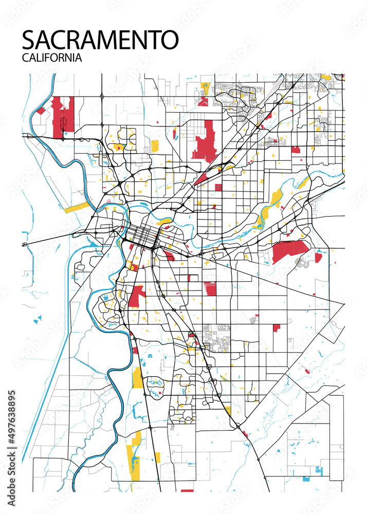Poster Sacramento - California map. Road map. Illustration of Sacramento - California streets ...