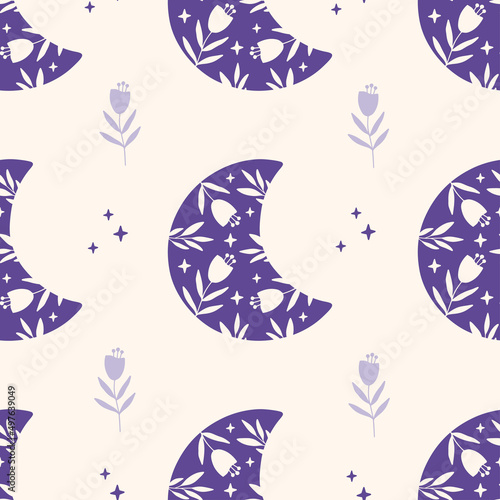 Floral moon vector seamless pattern. Trendy illustration with flower, stars on very peri background. Boho luna print for fabric design, textile, kids and baby clothes, wrapping paper, wallpaper.