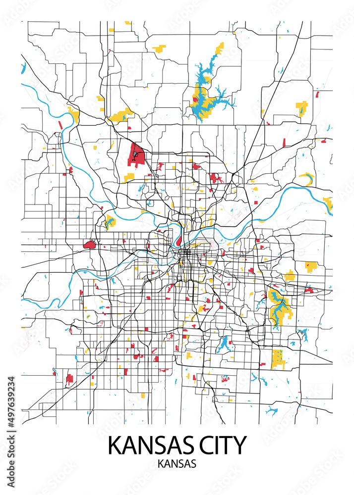 Poster Kansas City - Kansas map. Road map. Illustration of Kansas City - Kansas streets ...