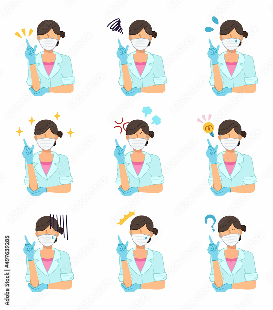 マスクを付けたお医者さんの色々な表情セット