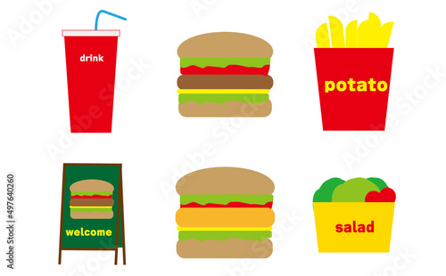 ハンバーガーショップのメニューや看板のかわいい単品アイコンイラストセット6点。