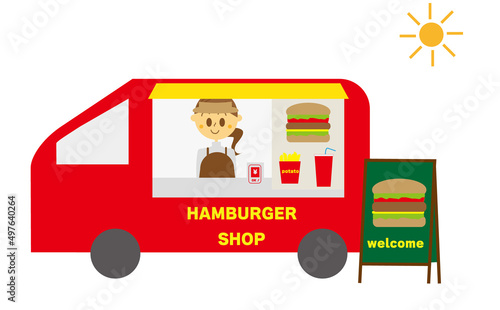 独立開業してキッチンカーで移動販売のハンバーガーショップをオープンさせた女性のイラスト