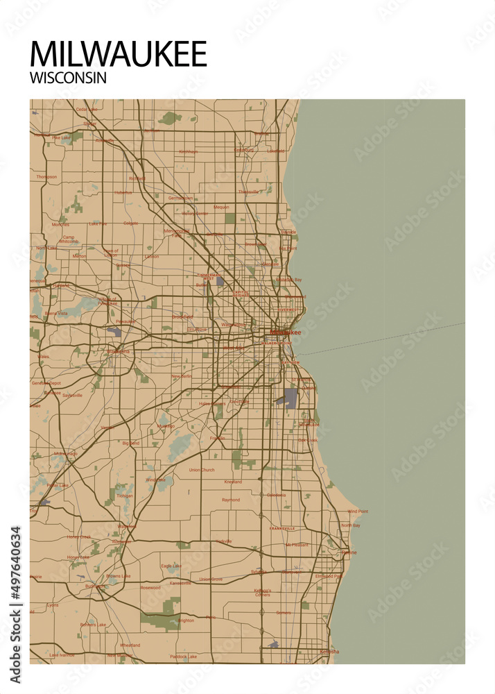 Poster Milwaukee - Wisconsin map. Road map. Illustration of Milwaukee ...