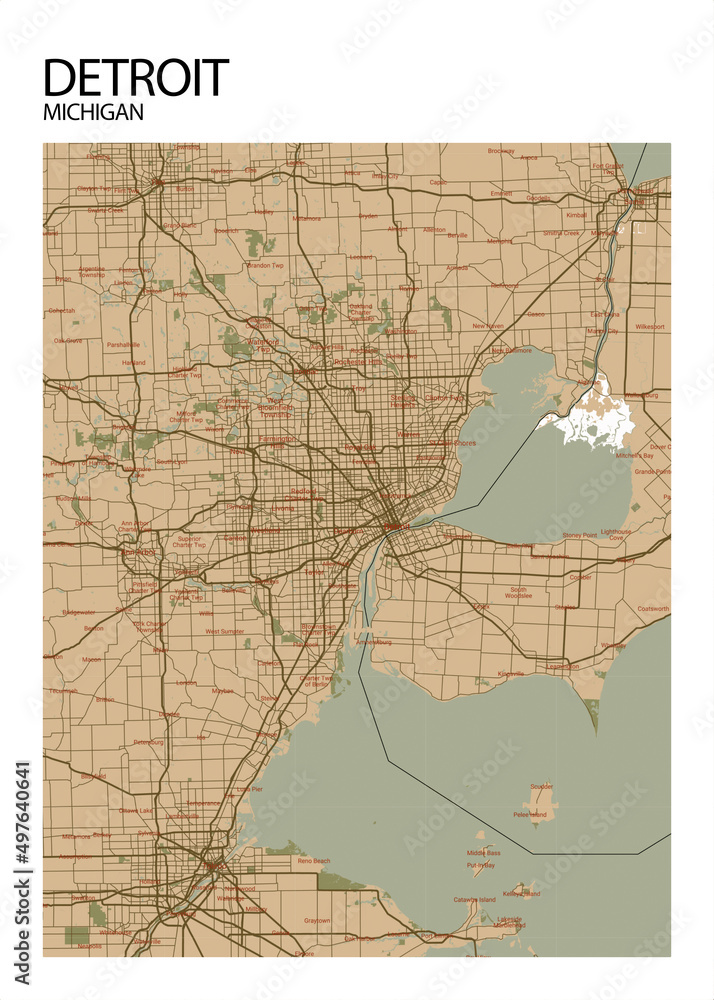 Poster Detroit Michigan map. Road map. Illustration of Detroit