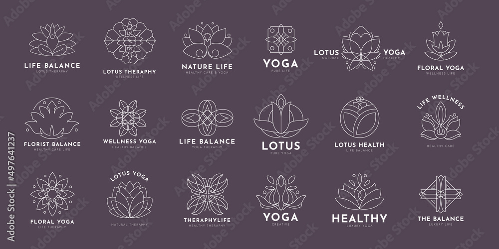 Doodle Yoga and and lotus logo, set of hand-drawn botanical, floral set of wildflowers and herbs, vector objects isolated on a white background. One Line Drawing Vector Flowers Set.