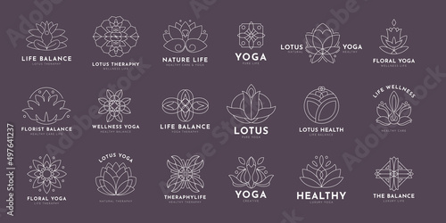 Doodle Yoga and and lotus logo, set of hand-drawn botanical, floral set of wildflowers and herbs, vector objects isolated on a white background. One Line Drawing Vector Flowers Set.