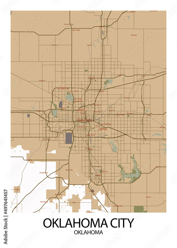 Poster Oklahoma City Oklahoma map. Road map. Illustration of Oklahoma