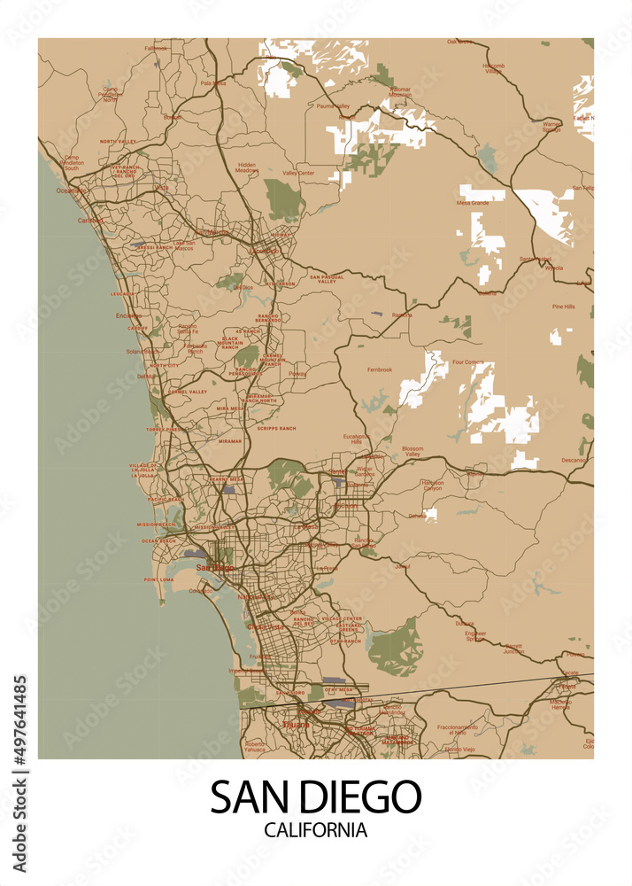 Poster San Diego - California map. Road map. Illustration of San Diego ...