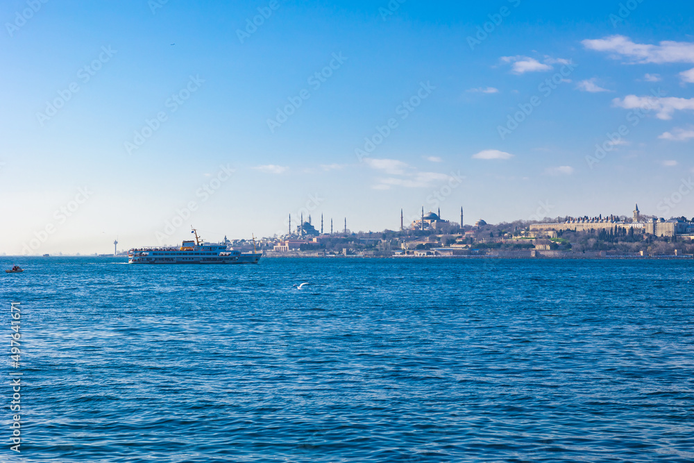 Istanbul photo. Historical peninsula of Istanbul and a ferry at daytime