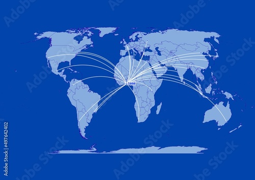Lomé-Togo on blue background,connections of Lomé-Togo to other major cities around the world.