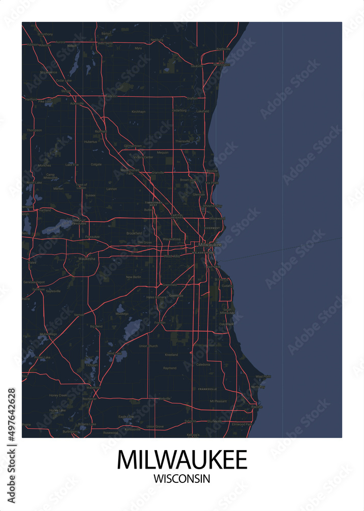 Poster Milwaukee - Wisconsin map. Road map. Illustration of Milwaukee ...