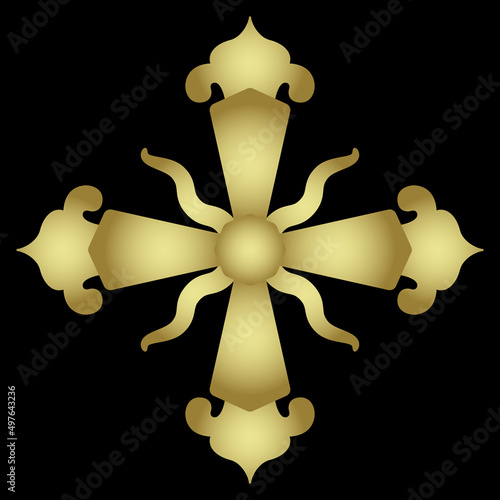Vintage cross shape. Russian vintage style. Religious Christian symbol. Golden glossy silhouette on black background.
