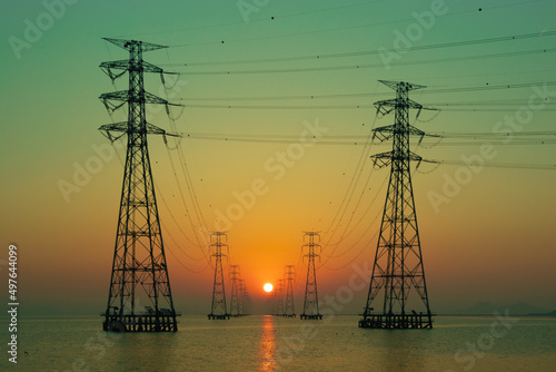 Sunrise between the Sihwa Lake Steel Tower in Daebudo Island, Ansan