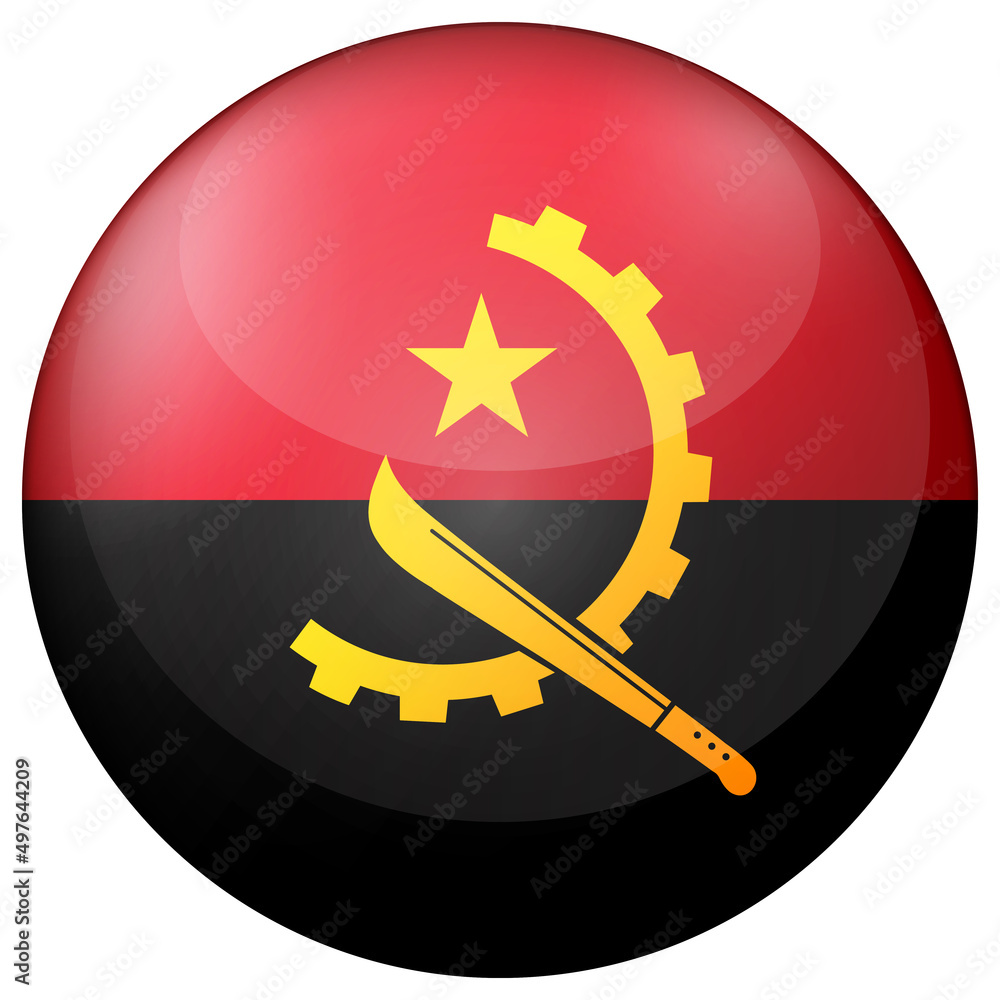 Round icon with flag of Angola. Glass light ball, sticker, sphere. Angolan national symbol. Glossy realistic ball, 3D abstract vector illustration. Template big bubble Round icon with flag of Angola. Glass light ball, sticker, sphere. Angolan national symbol. Glossy realistic ball, 3D abstract vector illustration. Template big bubble