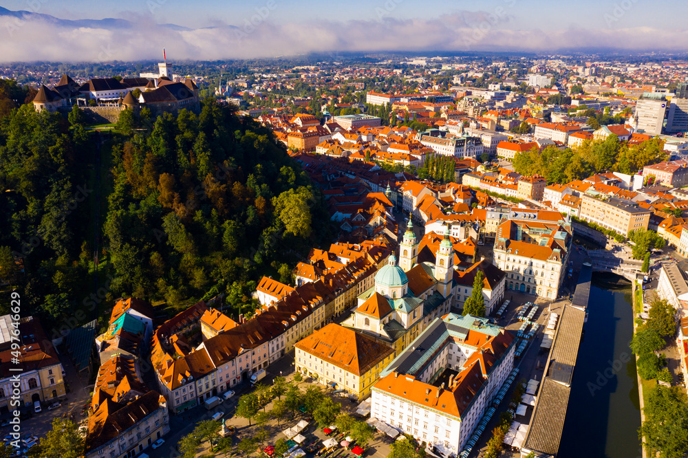 Landscape of Slovenian town of Ljubljana, panoramic view from drone