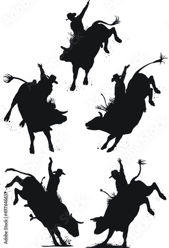 Vector silhouettes of a rodeo cowboy riding a bucking bull. 
