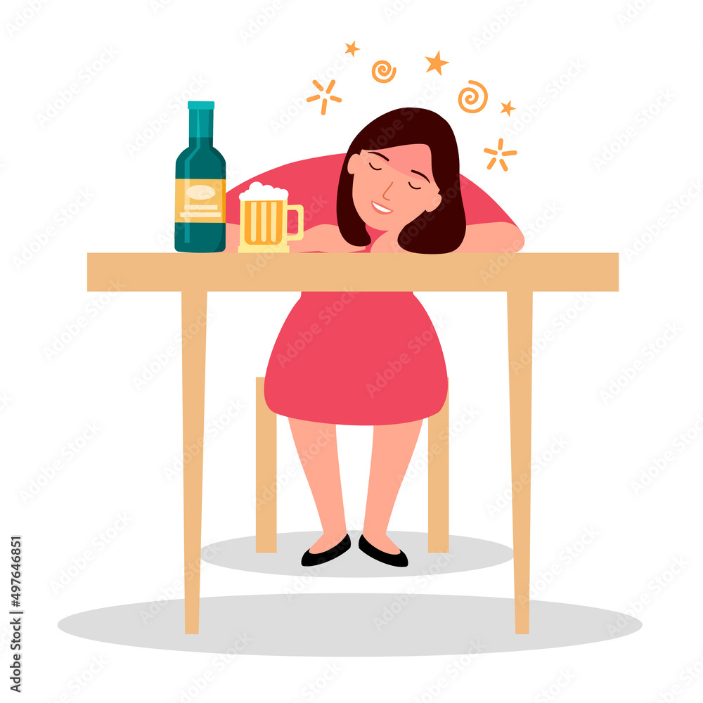 Drunk woman sitting with alcohol bottle in flat design. Alcoholic character. Alcohol addiction.