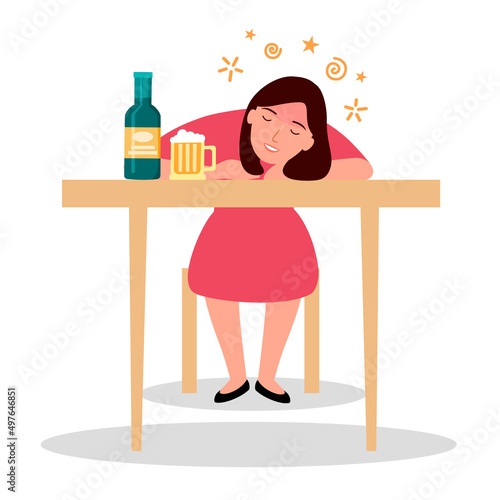 Drunk woman sitting with alcohol bottle in flat design. Alcoholic character. Alcohol addiction.