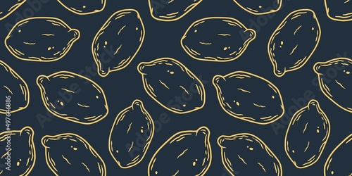 Summer exotic wallpaper with yellow lemons fruits. Seamless pattern with lemon