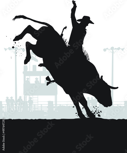 Vector silhouettes of a rodeo cowboy riding a bucking bull in a rodeo arena. 