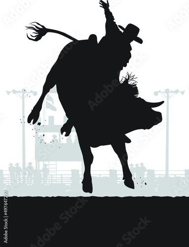 Vector silhouettes of a rodeo cowboy riding a bucking bull in a rodeo arena. 