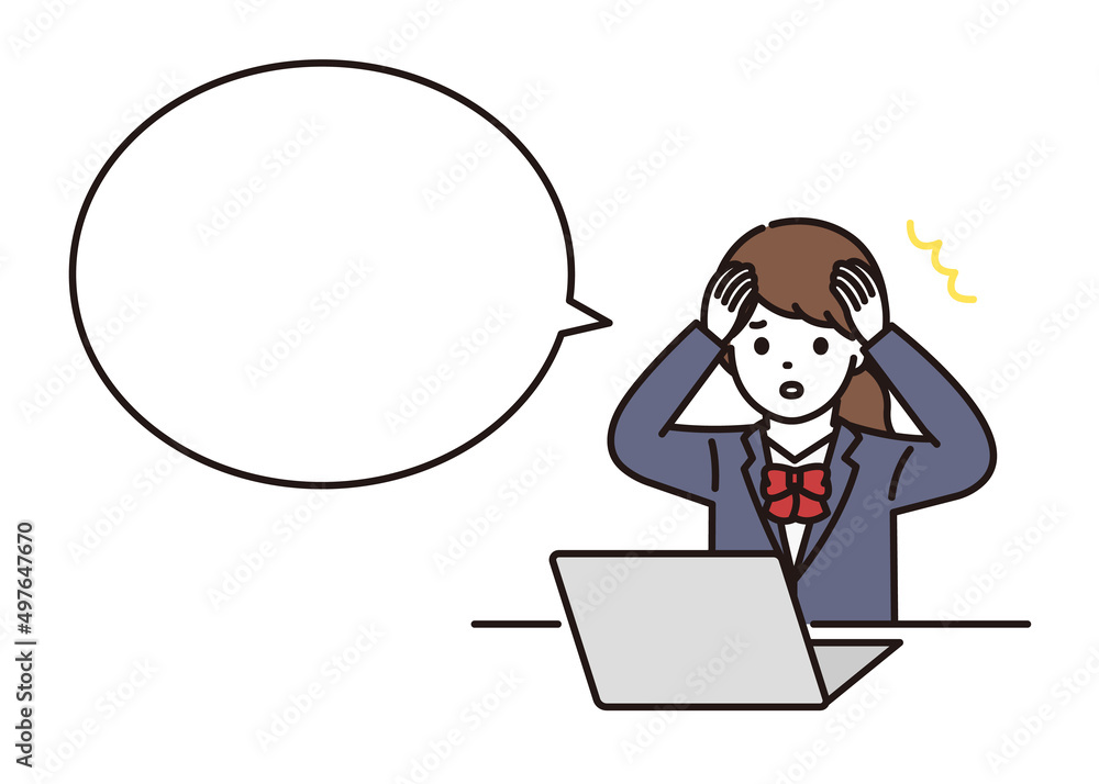 パソコンの前でパニックになり頭を抱える学生服の女子高校生・中学生 吹き出し パソコンの前でパニックになり頭を抱える学生服の女子高校生・中学生 吹き出し