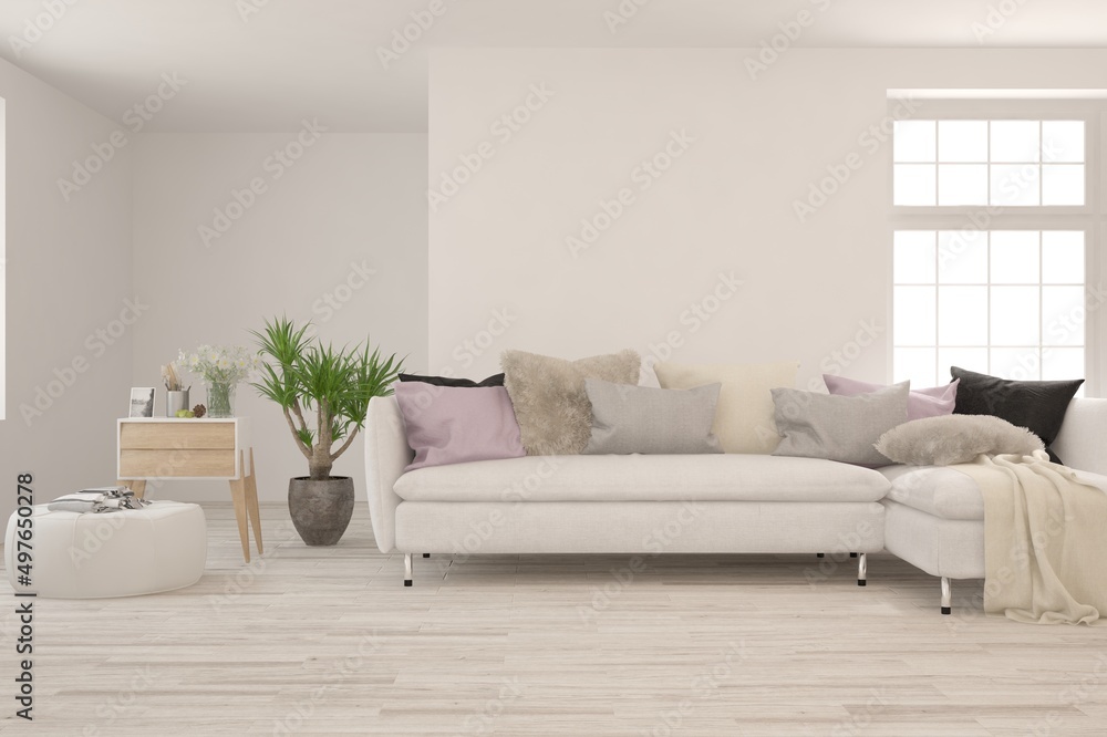 White living room with sofa. Scandinavian interior design. 3D illustration White living room with sofa. Scandinavian interior design. 3D illustration
