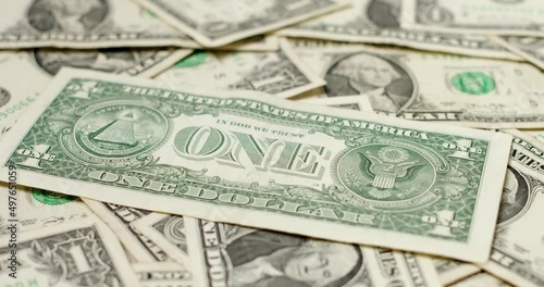 One Dollar banknotes background. US Dollar money and currency. Dollar pattern. Rear side of one Dollar bill