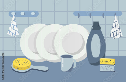 vector illustration in a flat style on the theme of washing dishes. clean plates, dishwashing detergent, dishwashing sponges and brushes