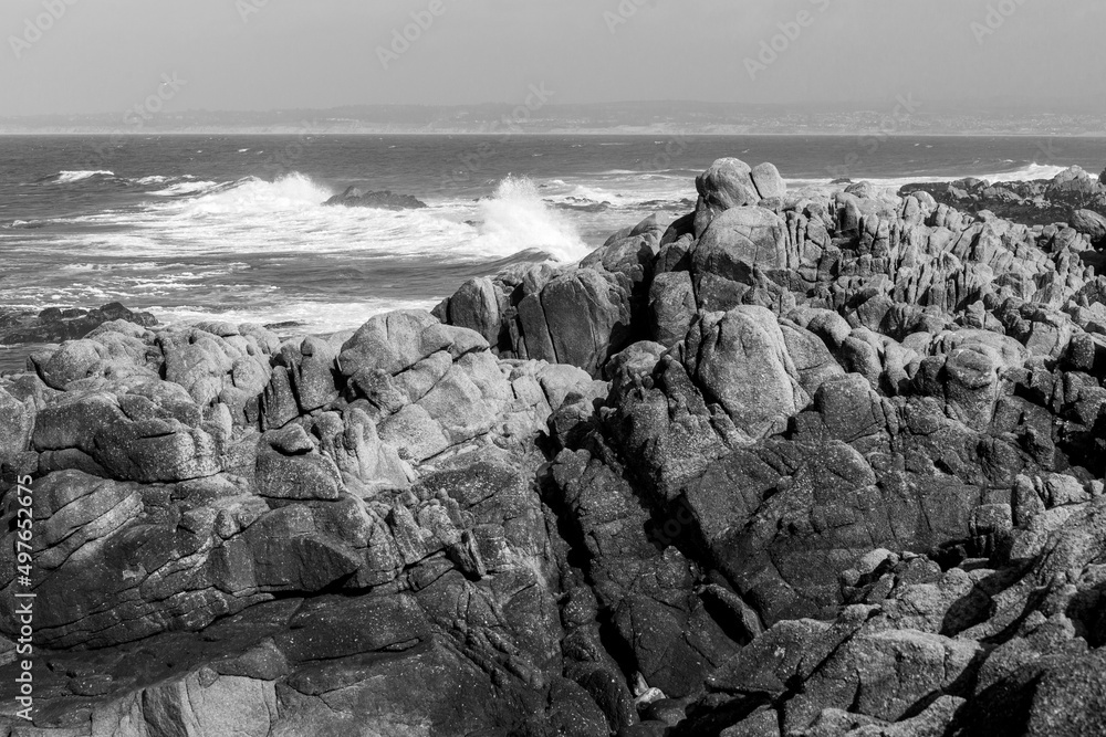 Dramatic black and white image of Monterey coast in California with breaking waves in the background. Dramatic black and white image of Monterey coast in California with breaking waves in the background.
