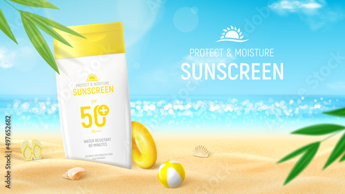 Template of sunscreen ad banner. Banner with jar of sunscreen on beach sand with sunglasses, tropical plant, seashells, inflatable ball, ring. Vector 3d ad illustration for promotion of summer goods.