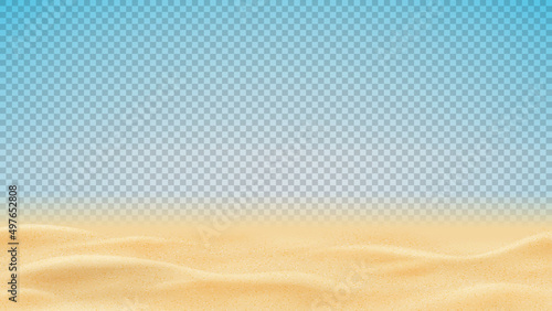 Realistic texture of beach or desert sand. Vector illustration with ocean, river, desert or sea sand isolated on checkered background. 3d vector illustration. photo