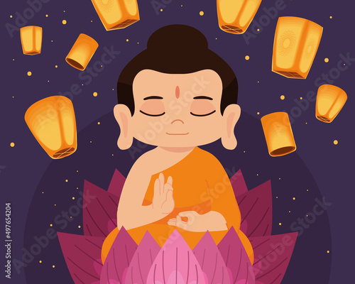 cute buddha and lanterns