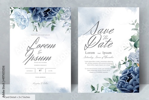 Elegant wedding Stationery with Navy Blue Flower and Leaves