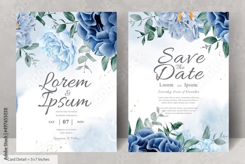 Elegant wedding Stationery with Navy Blue Flower and Leaves