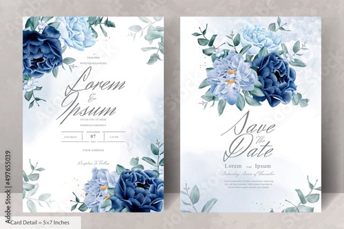 Elegant wedding Stationery with Navy Blue Flower and Leaves