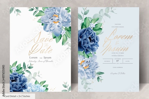 Elegant wedding Stationery with Navy Blue Flower and Leaves