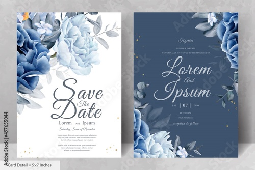 Elegant wedding Stationery with Navy Blue Flower and Leaves