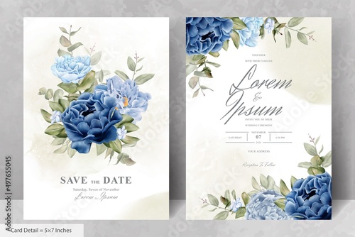 Elegant wedding Stationery with Navy Blue Flower and Leaves