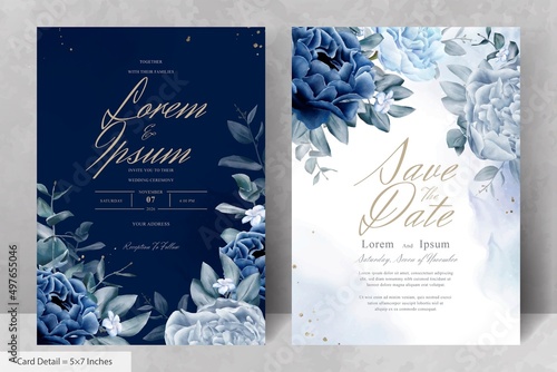 Elegant wedding Stationery with Navy Blue Flower and Leaves