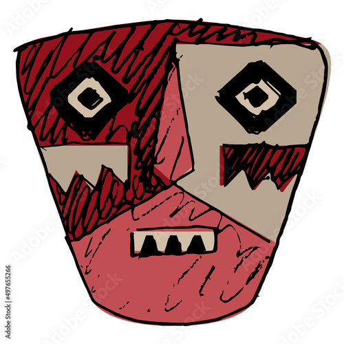 Ancient Peruvian ethnic mask. Chancay culture. Face of a textile doll. Native American art. Hand drawn colorful rough sketch. 