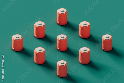 Pink rechargable batteries on a green background. 3d render photo