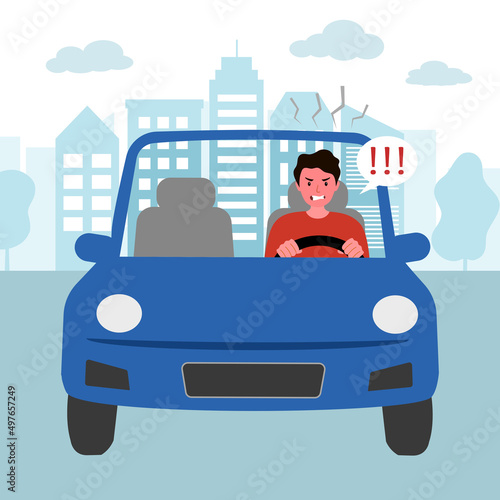 Angry driver in flat design. Road rage concept vector illustration.