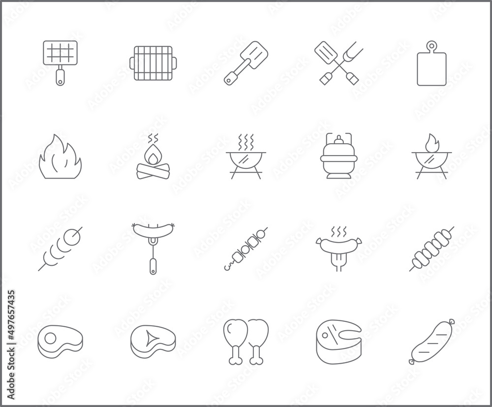 Set of barbecue and Grill icons line style. It contains such Icons as BBQ, picnic, camping, meat, steak, food, outdoor, hiking, sausages, beef and other elements. Set of barbecue and Grill icons line style. It contains such Icons as BBQ, picnic, camping, meat, steak, food, outdoor, hiking, sausages, beef and other elements.