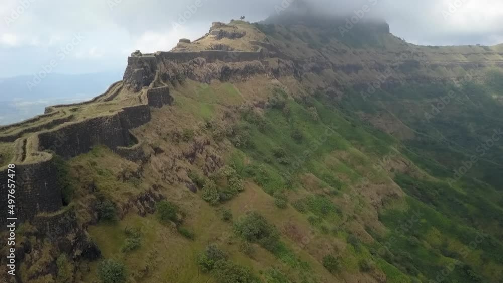 Aerial: Zunjar Machi is ancient extention of Torna Fort, rural India Aerial: Zunjar Machi is ancient extention of Torna Fort, rural India